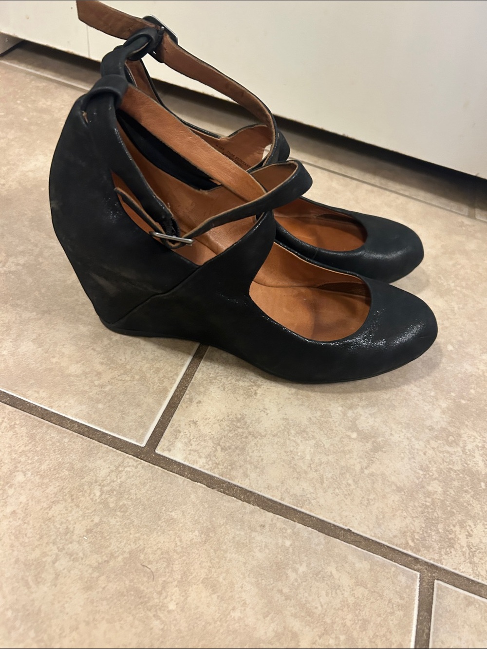 Gentle Souls leather Black Wedge Mary Jane Heels with Ankle Strap